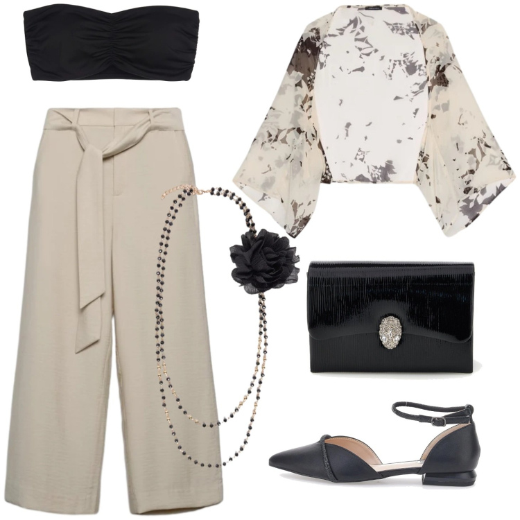 Outfit donna - Ballerine nere. Stile Chic per Cerimonia. Abbinamento con pantaloni a palazzo, canottiere, blazer, collane, ballerine, pochette.