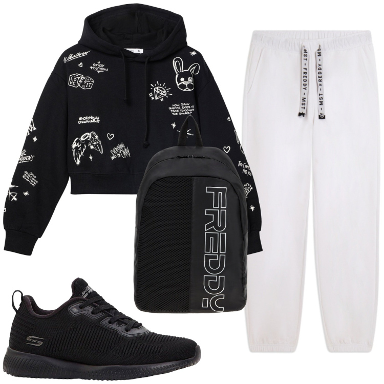 Outfit donna - Total look #2410904. Stile Casual per Sport. Abbinamento con sneakers, felpe con cappuccio, zaini, pantaloni.