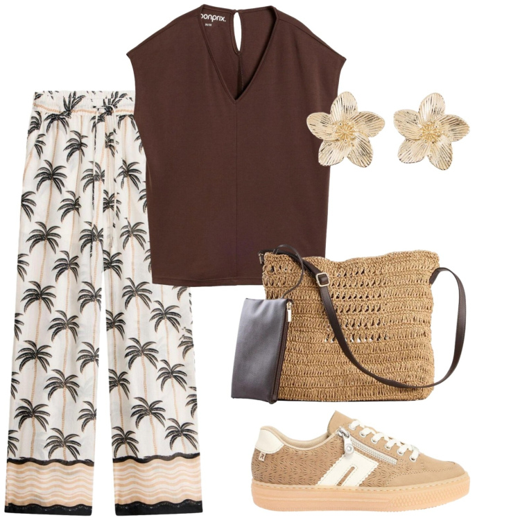 Outfit donna - Palme sportive. Stile Casual per Cerimonia. Abbinamento con canottiere, orecchini, pantaloni a palazzo, sneakers, borse a tracolla.