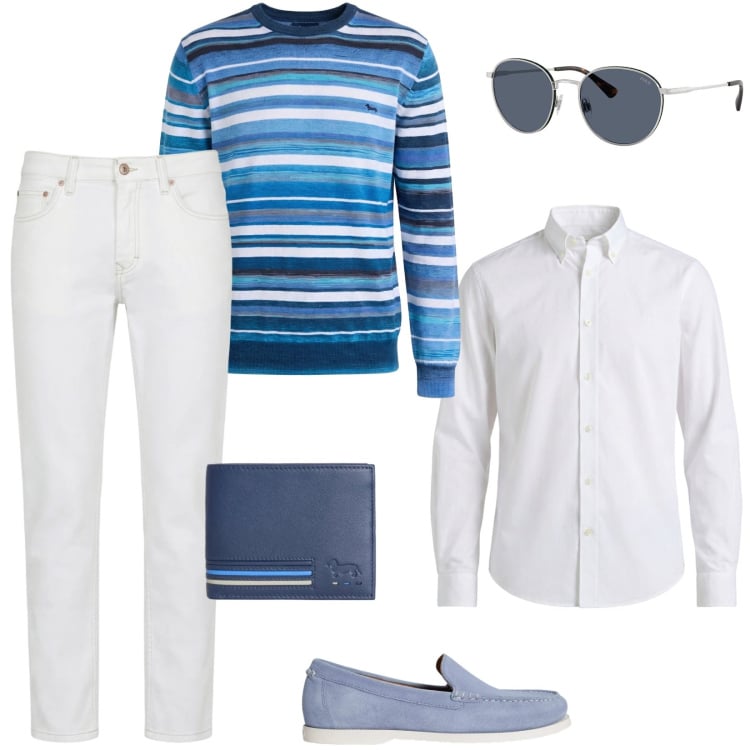 Outfit uomo - Bianco estivo e sfumature di mare. Stile Casual per Tutti i giorni. Abbinamento con pullovers, jeans, portafogli, camicie, occhiali da sole, scarpe stringate.