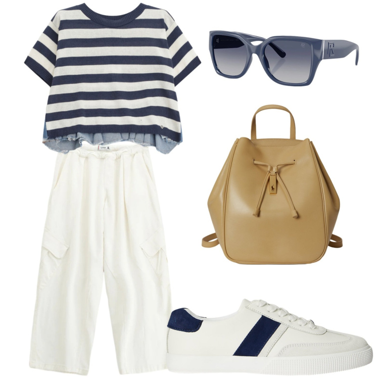 Outfit donna - Stile marinaro. Stile Preppy per Scuola/Università. Abbinamento con t-shirt, pantaloni a palazzo, sneakers, occhiali da sole, zaini.