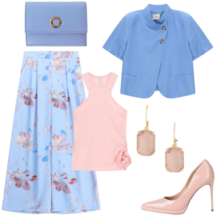 Outfit donna - Blazer azzurro. Stile Casual chic per Cerimonia. Abbinamento con décolleté, pantaloni a palazzo, portafogli, top, blazer, orecchini.