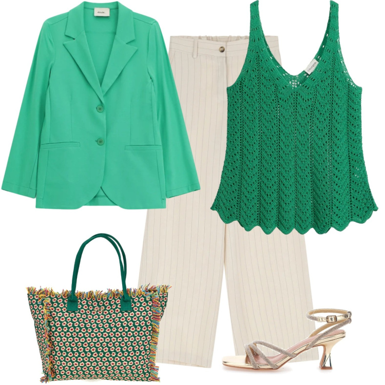 Outfit donna - Blazer verde. Stile Casual chic per Ufficio. Abbinamento con canottiere, blazer, pantaloni a palazzo, sandali col tacco, shopping bag.