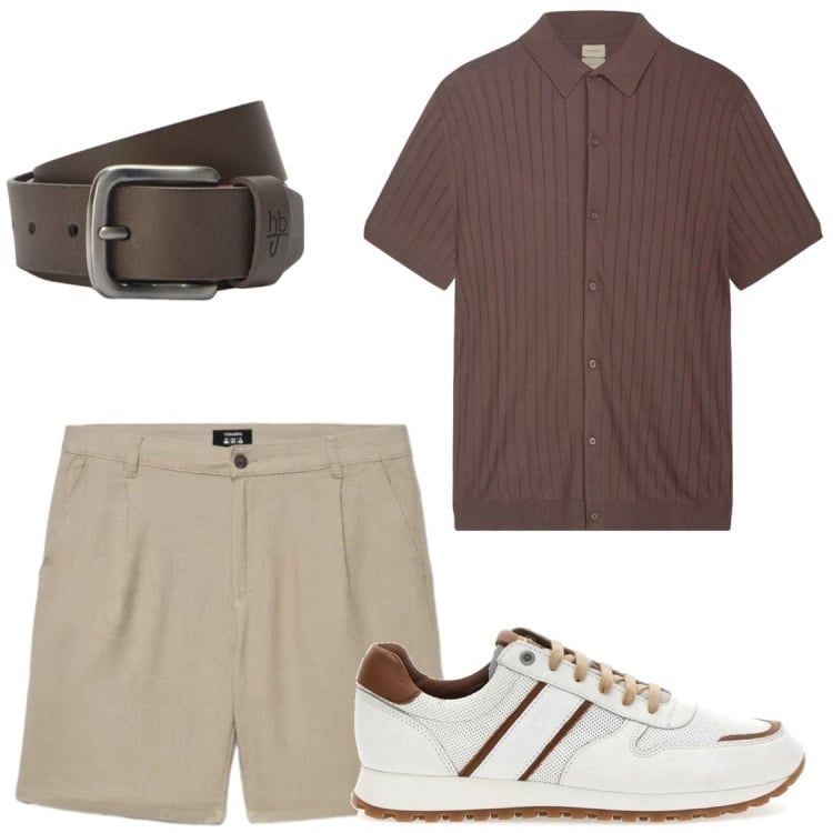 Outfit uomo - Cioccolato e Chino in lino Beige. Stile Trendy per Tutti i giorni. Abbinamento con pantaloni corti, cinture, polo, sneakers.