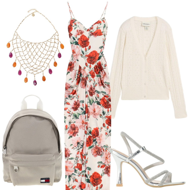 Outfit donna - Fantasie floreali. Stile Bon Ton per Serata fuori. Abbinamento con cardigans, vestiti lunghi, sandali col tacco, collane, zaini.