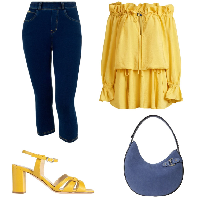 Outfit donna - Giallo e blu. Stile Casual per Tutti i giorni. Abbinamento con sandali in pelle, jeans skinny, vestiti, borse a spalla.