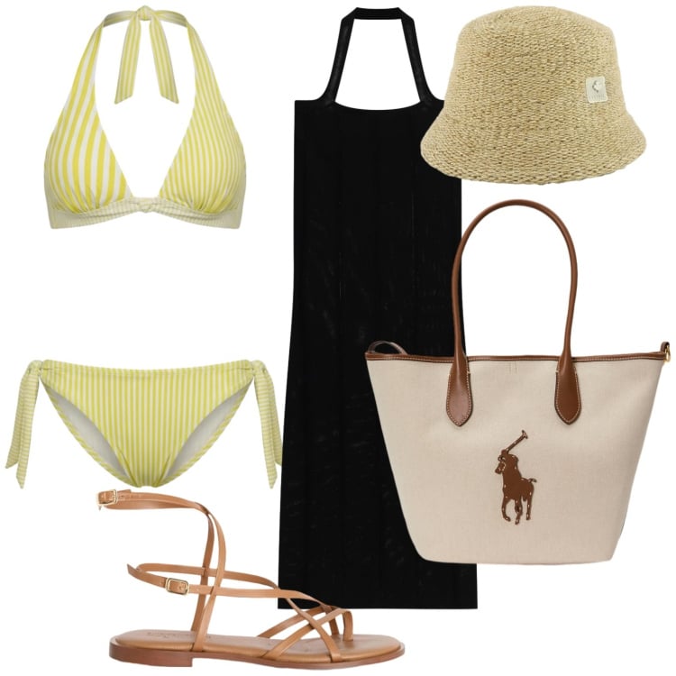 Outfit donna - Weekend al sole. Stile Glamour per Mare. Abbinamento con vestiti midi/longuette, bikini, sandali in pelle, borse tote, cappelli.