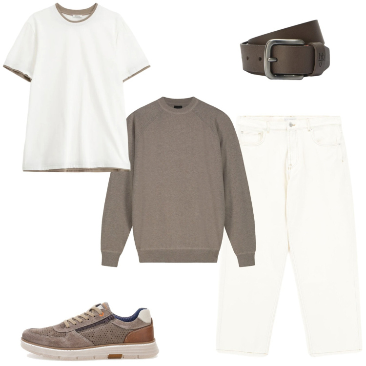 Outfit uomo - Bianco estivo e tortora. Stile Casual per Tutti i giorni. Abbinamento con t-shirt, jeans, maglieria, cinture, sneakers.