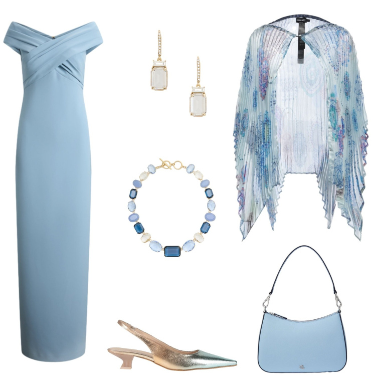 Outfit donna - Matrimonio a Giugno in Sardegna.. Stile Glamour per Cerimonia. Abbinamento con décolleté, cappe, vestiti lunghi, borse a spalla, orecchini, collane.