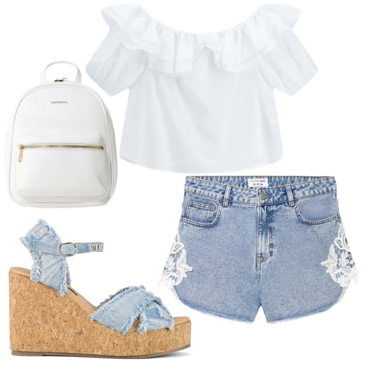 Outfit donna - Total look #2410925. Stile Casual chic per Mare. Abbinamento con shorts, zaini, bluse, zeppe.