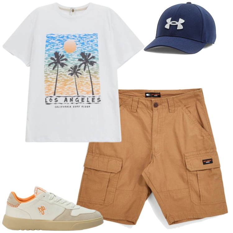 Outfit uomo - Weekend. Stile Casual per Tutti i giorni. Abbinamento con t-shirt, sneakers, cappelli, bermuda.