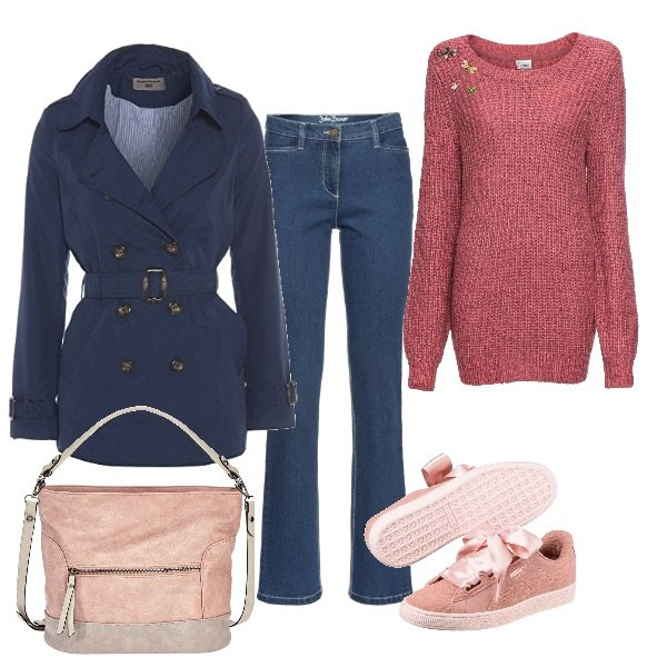 Outfit donna - Stile libero in sneakers. Stile Basic per Tutti i giorni. Abbinamento con gonne lunghe, pullover con spilla, borsa, sneakers effetto scamosciato con punta tonda rosa, cappotto.