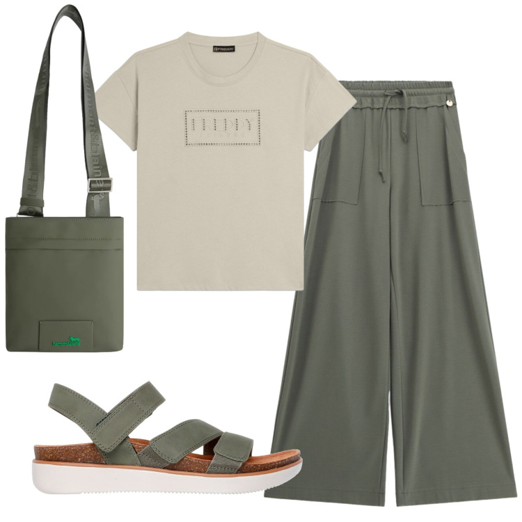 Outfit donna - Total look #2410932. Stile Basic per Tutti i giorni. Abbinamento con pantaloni a palazzo, borse a tracolla, t-shirt, sandali.