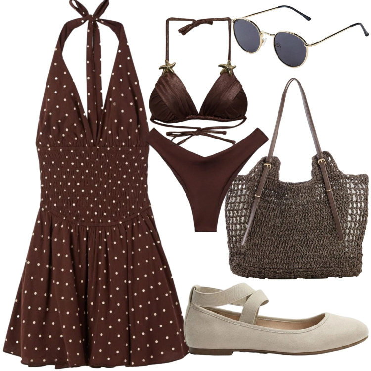 Outfit donna - Alle terme. Stile Minimal per Tutti i giorni. Abbinamento con ballerine, occhiali da sole, shopping bag, vestiti corti, bikini, bikini.