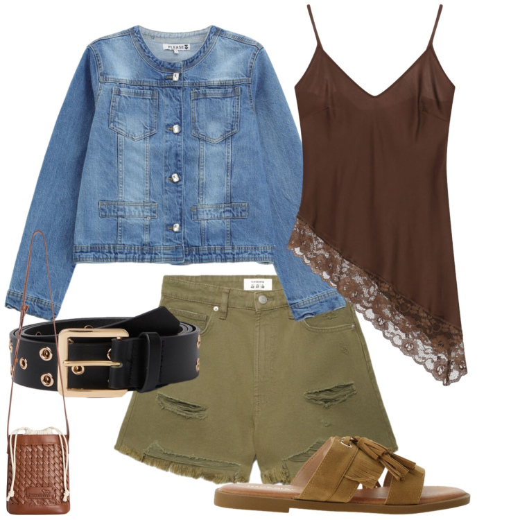 Outfit donna - Total look #2410943. Stile Casual chic per Tutti i giorni. Abbinamento con shorts, sandali, borse a secchiello, top, blazer, cinture.