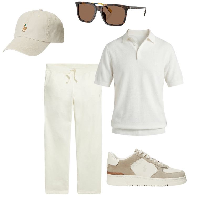Outfit uomo - Per l’estate total White. Stile Trendy per Tutti i giorni. Abbinamento con polo, cappelli, sneakers, pantaloni, occhiali da sole.