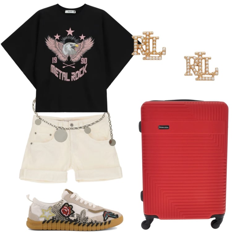 Outfit donna - In aeroporto. Stile Rock per Tutti i giorni. Abbinamento con t-shirt, shorts, cinture, orecchini, sneakers, valigie.