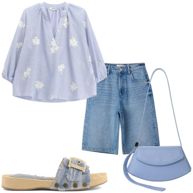 Outfit donna - Blusa fiorata il mio modo. Stile Casual per Tutti i giorni. Abbinamento con bermuda, borse a spalla, bluse, ciabatte.