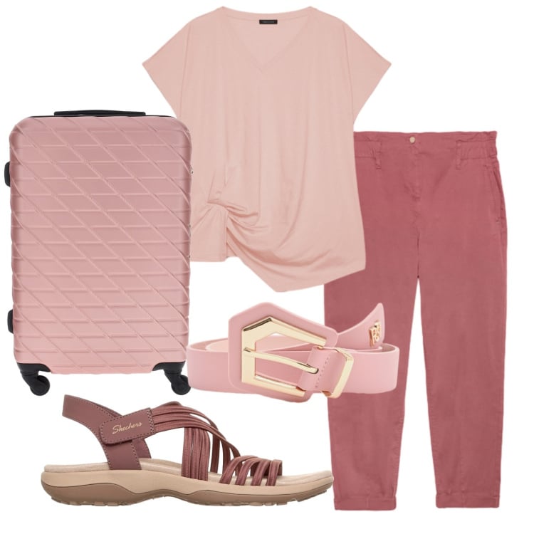 Outfit donna - Total look #2410948. Stile Basic per Tutti i giorni. Abbinamento con cinture, t-shirt, pantaloni, sandali, valigie.