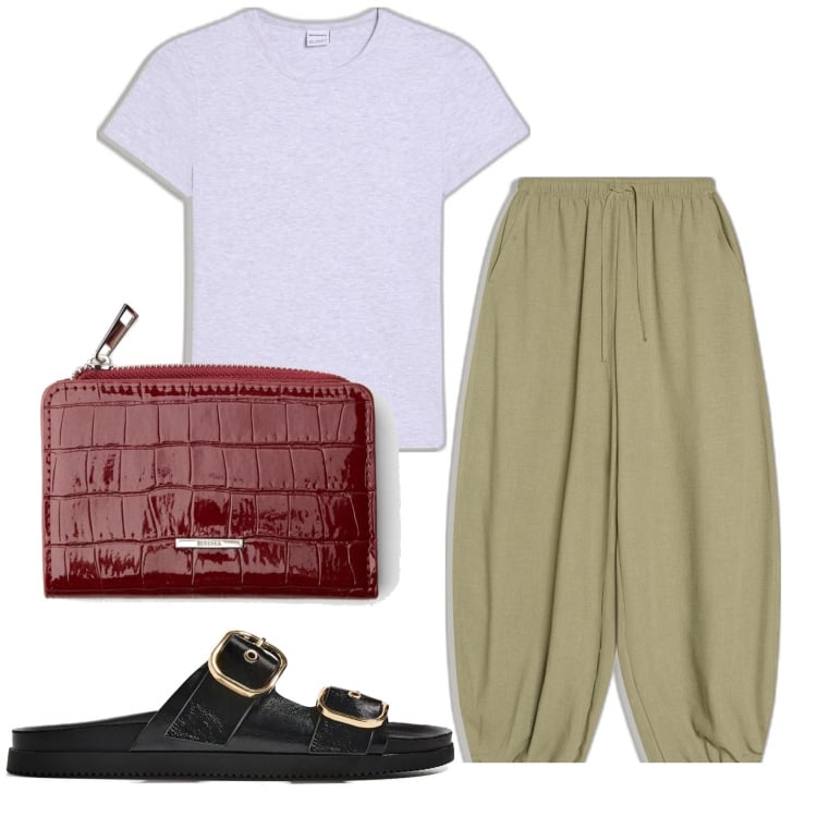 Outfit mujer - Casual. Estilo Casual para Todos los días. Combinación con pantalones, camiseta, monederos, sandalias.