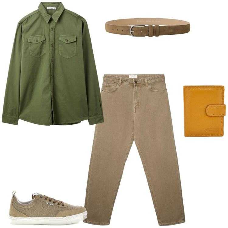 Outfit uomo - Raffinato color khaki. Stile Casual per Tutti i giorni. Abbinamento con jeans, camicie, cinture, portafogli, sneakers.