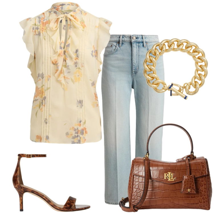 Outfit donna - Total look #2410952. Stile Casual chic per Tutti i giorni. Abbinamento con camicie a manica corta, jeans dritti, sandali in pelle, borse a mano, braccialetti.