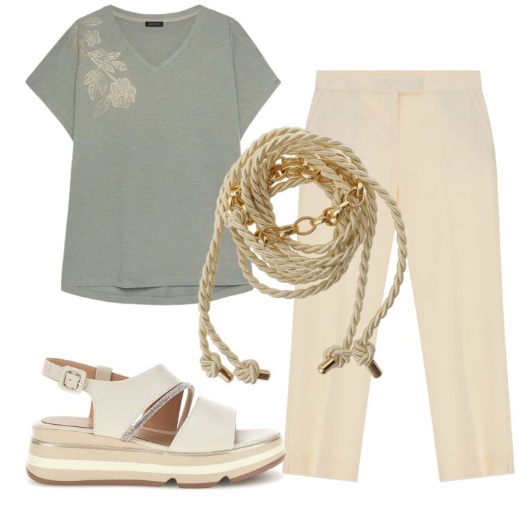 Outfit donna - Total look #2410954. Stile Bon Ton per Ufficio. Abbinamento con pantaloni, t-shirt, cinture, sandali col tacco.