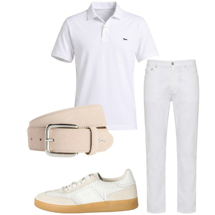 Outfit uomo - Bianco estivo. Stile Casual per Serata speciale. Abbinamento con sneakers, cinture, pantaloni, polo.