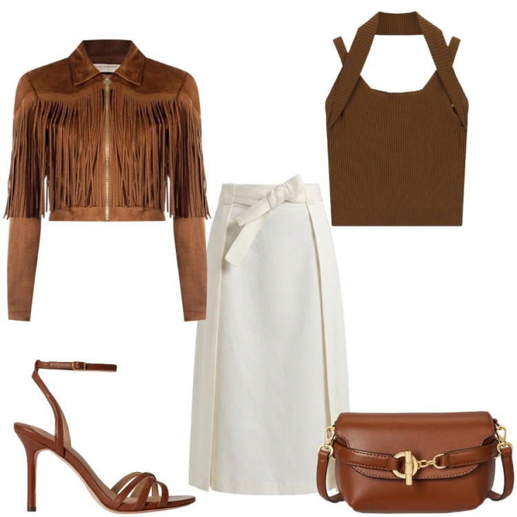 Outfit donna - Total look #2410957. Stile Casual chic per Tutti i giorni. Abbinamento con giacche, gonne longuette, top, sandali in pelle, borse a tracolla.
