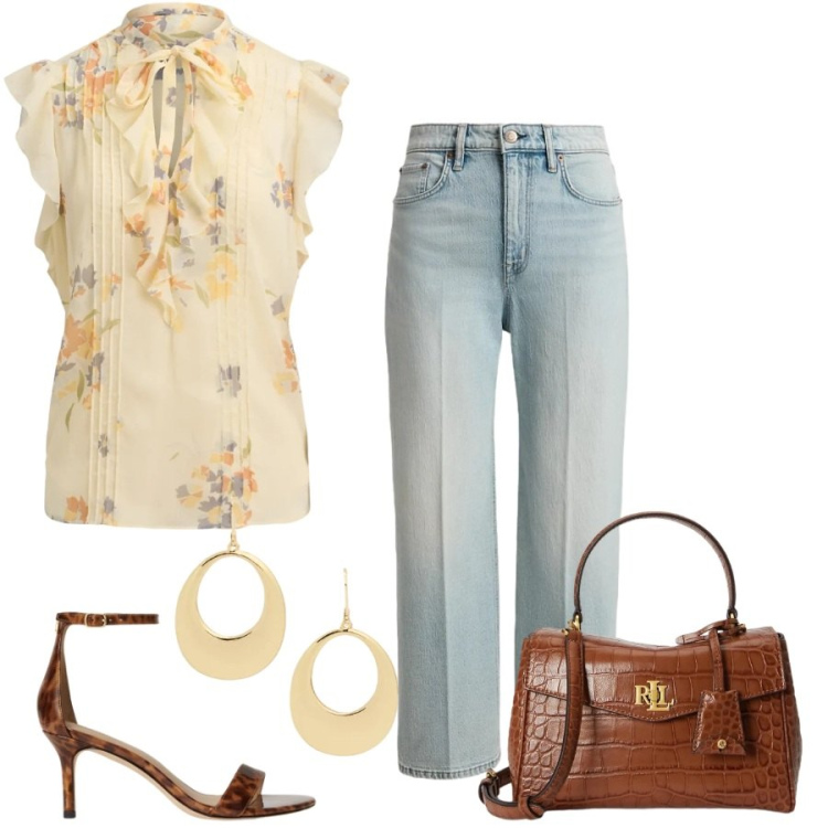 Outfit donna - Total look #2410958. Stile Casual chic per Ufficio. Abbinamento con jeans dritti, sandali in pelle, camicie a manica corta, borse a mano, orecchini.
