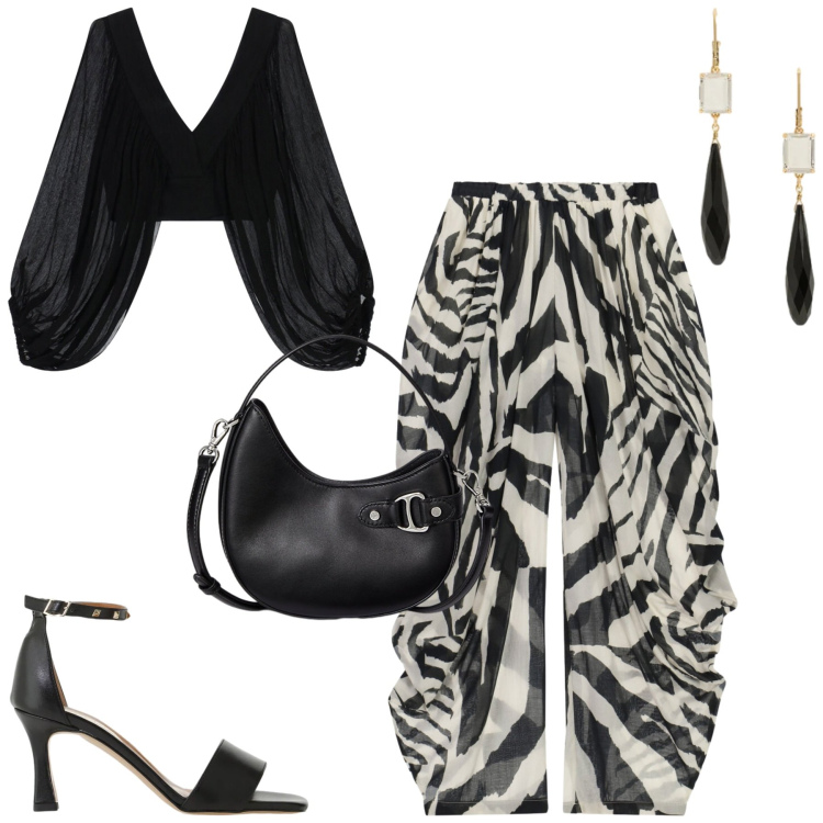 Outfit donna - Imperial. Stile Glamour per Serata fuori. Abbinamento con top, sandali col tacco, pantaloni, borse a tracolla, orecchini.