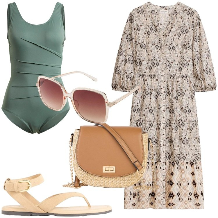 Outfit donna - bonprix - Endless Summer. Stile Etnico per Mare. Abbinamento con costumi interi, occhiali da sole, vestiti midi/longuette, borse a tracolla, sandali.