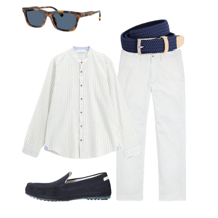 Outfit uomo - Total White e accessori blu. Stile Trendy per Ufficio. Abbinamento con camicie, scarpe stringate, cinture, pantaloni, occhiali da sole.