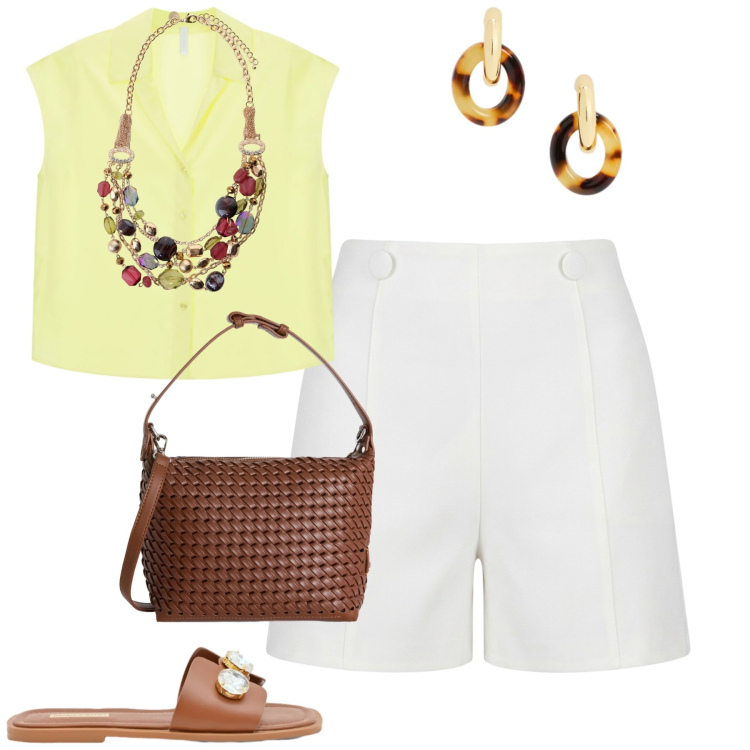 Outfit donna - Giugno. Stile Casual chic per Tutti i giorni. Abbinamento con pantaloni corti, sandali gioiello, camicie a manica corta, borse a spalla, collane, orecchini.