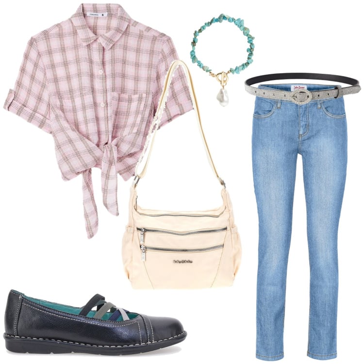 Outfit donna - Cropped jeans e ballerine. Stile Basic per Tutti i giorni. Abbinamento con jeans slim fit, cinture, camicie a manica corta, braccialetti, ballerine, borse a tracolla.