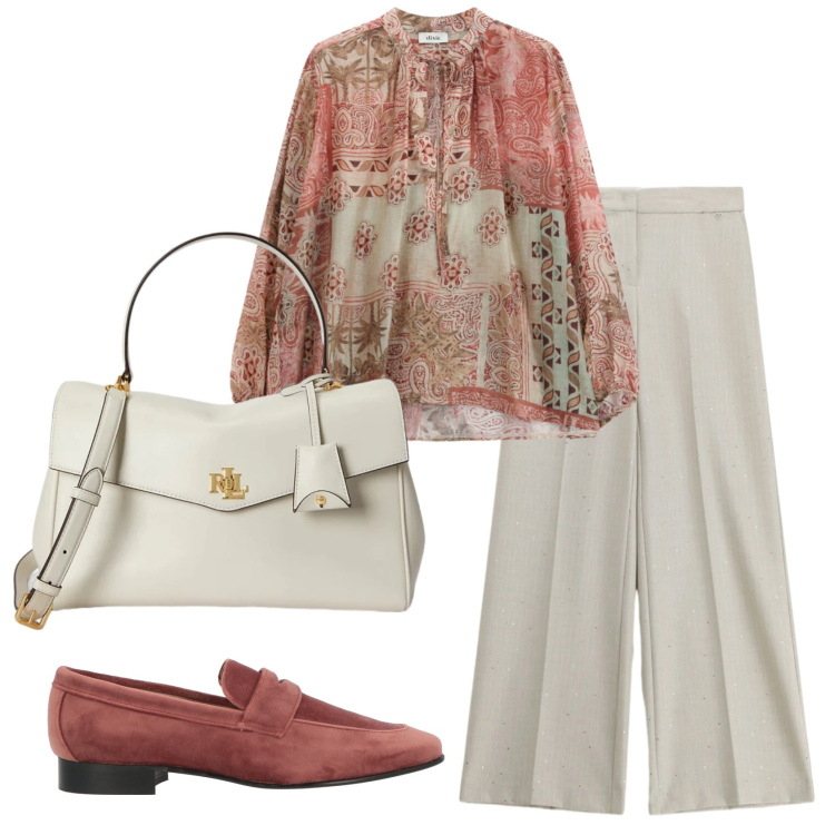 Outfit donna - Total look #2410971. Stile Romantica per Ufficio. Abbinamento con mocassini, pantaloni a palazzo, bluse, borse a mano.