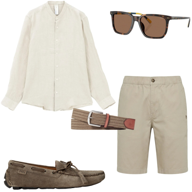 Outfit uomo - Lino d\'estate. Stile Casual per Tutti i giorni. Abbinamento con camicie, bermuda, scarpe stringate, cinture, occhiali da sole.