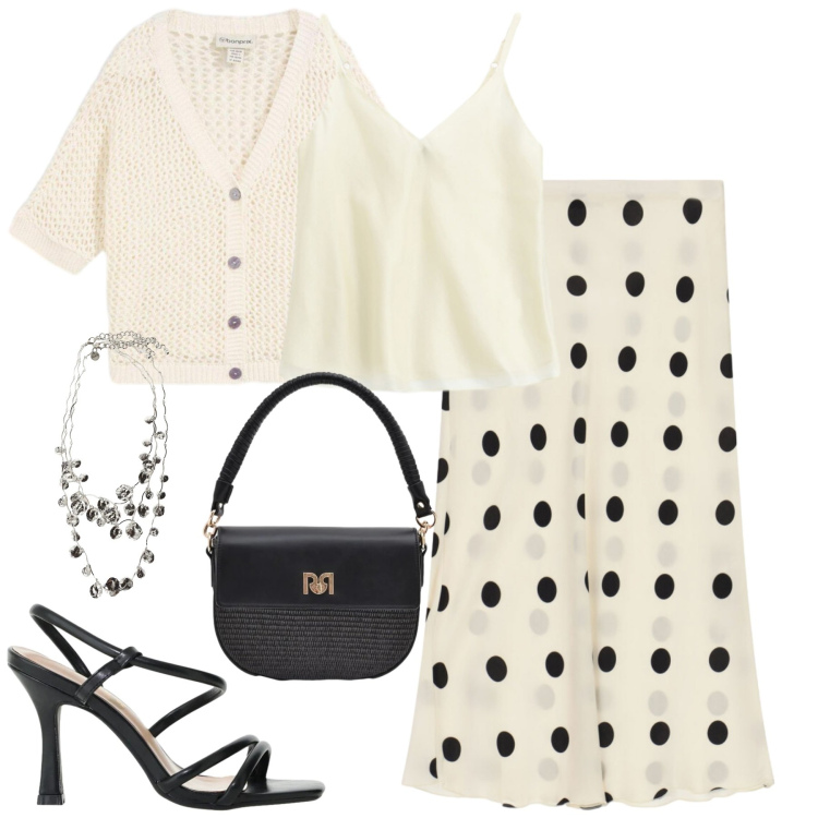 Outfit donna - City. Stile Urban per Tutti i giorni. Abbinamento con cardigans, borse a spalla, sandali col tacco, gonne longuette, top, collane.
