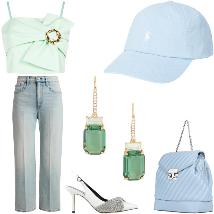 Outfit donna - andare a fare shopping. Stile Romantica per Tutti i giorni. Abbinamento con zaini, décolleté, top, cappelli, jeans dritti, orecchini.