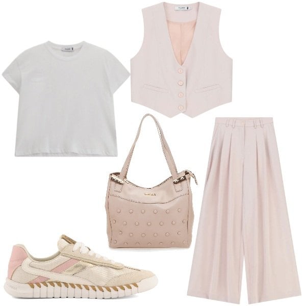 Outfit donna - Rosa cipria. Stile Sporty chic per Ufficio. Abbinamento con pantaloni a palazzo, t-shirt, gilet, sneakers, shopping bag.
