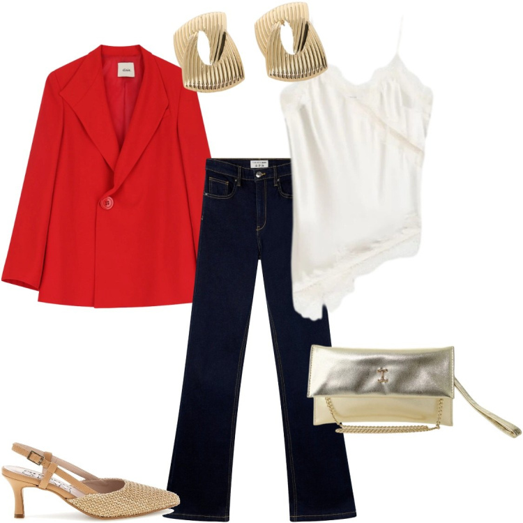 Outfit donna - Blazer rosso. Stile Glamour per Serata fuori. Abbinamento con jeans a zampa, canottiere, borse a tracolla, blazer, orecchini, décolleté.