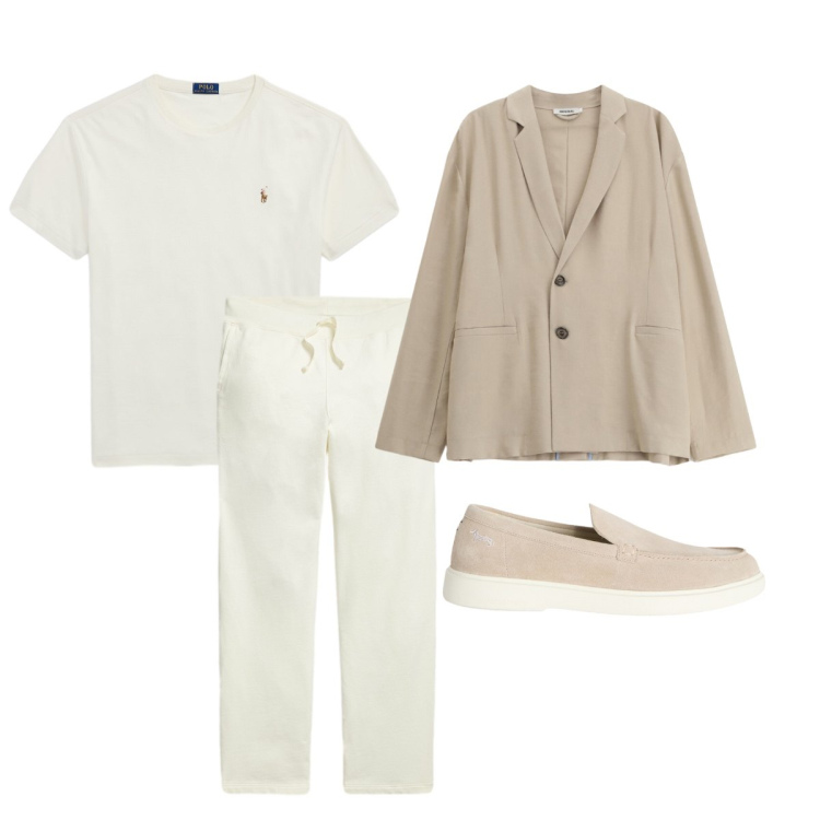 Outfit uomo - Bianco e sabbia per l’aperitivo serale. Stile Trendy per Serata speciale. Abbinamento con giacche, scarpe stringate, pantaloni, t-shirt.