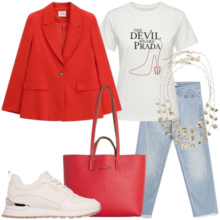 Outfit donna - Un blazer colorato - @ambrosiajsi. Stile Trendy per Scuola/Università. Abbinamento con t-shirt, shopping bag, jeans, blazer, collane, sneakers.