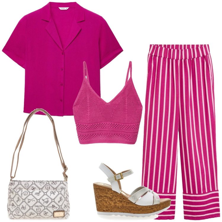 Outfit donna - Total look #2410983. Stile Urban per Tutti i giorni. Abbinamento con pantaloni, top, camicie a manica corta, borse a tracolla, zeppe.