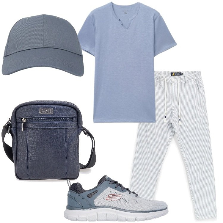 Outfit uomo - Pantaloni a righe. Stile Casual per Tutti i giorni. Abbinamento con cappelli con visiera, t-shirt, borse sportive, pantaloni, scarpe sportive.