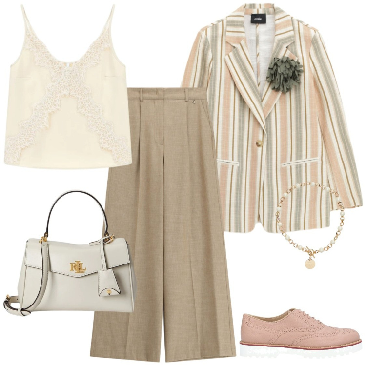 Outfit donna - Blazer a righe. Stile Boho per Tutti i giorni. Abbinamento con scarpe stringate, canottiere, blazer, pantaloni a palazzo, borse a mano, collane.