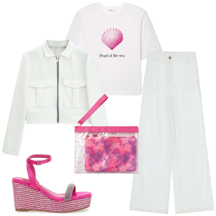 Outfit donna - Total look #2410994. Stile Trendy per Tutti i giorni. Abbinamento con pochette, t-shirt, cappotti, pantaloni, zeppe.