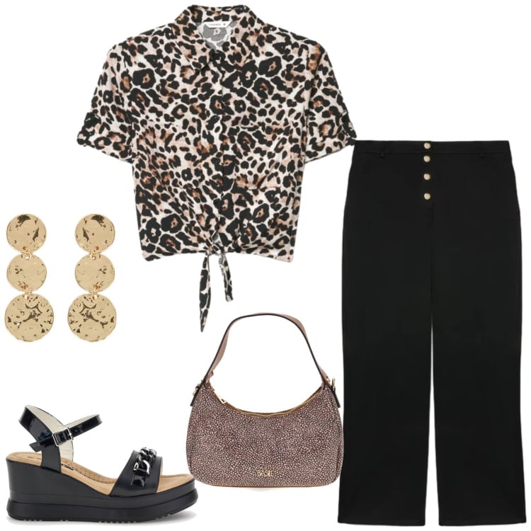 Outfit donna - Total look #2410995. Stile Urban per Tutti i giorni. Abbinamento con camicie a manica corta, pantaloni, orecchini, borse a tracolla, zeppe.