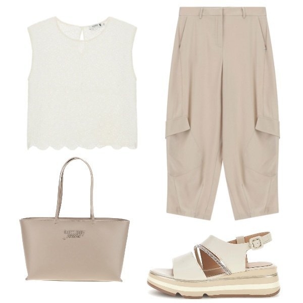 Outfit donna - Pantaloni balloon. Stile Boho per Tutti i giorni. Abbinamento con pantaloni cargo, bluse, sandali col tacco, borse a spalla.