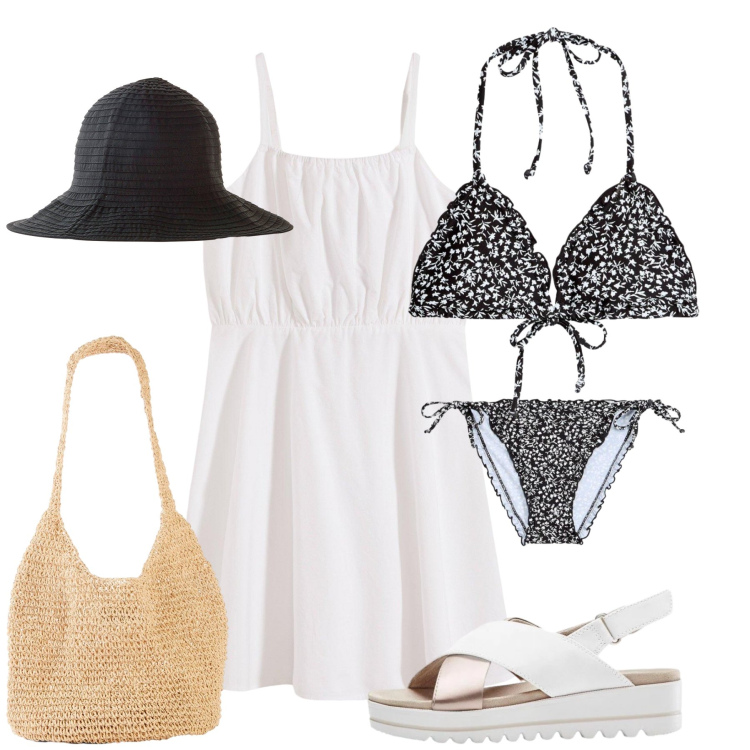 Outfit donna - Total look #2411000. Stile Casual chic per Mare. Abbinamento con vestiti corti, cappelli, shopping bag, sandali, bikini.